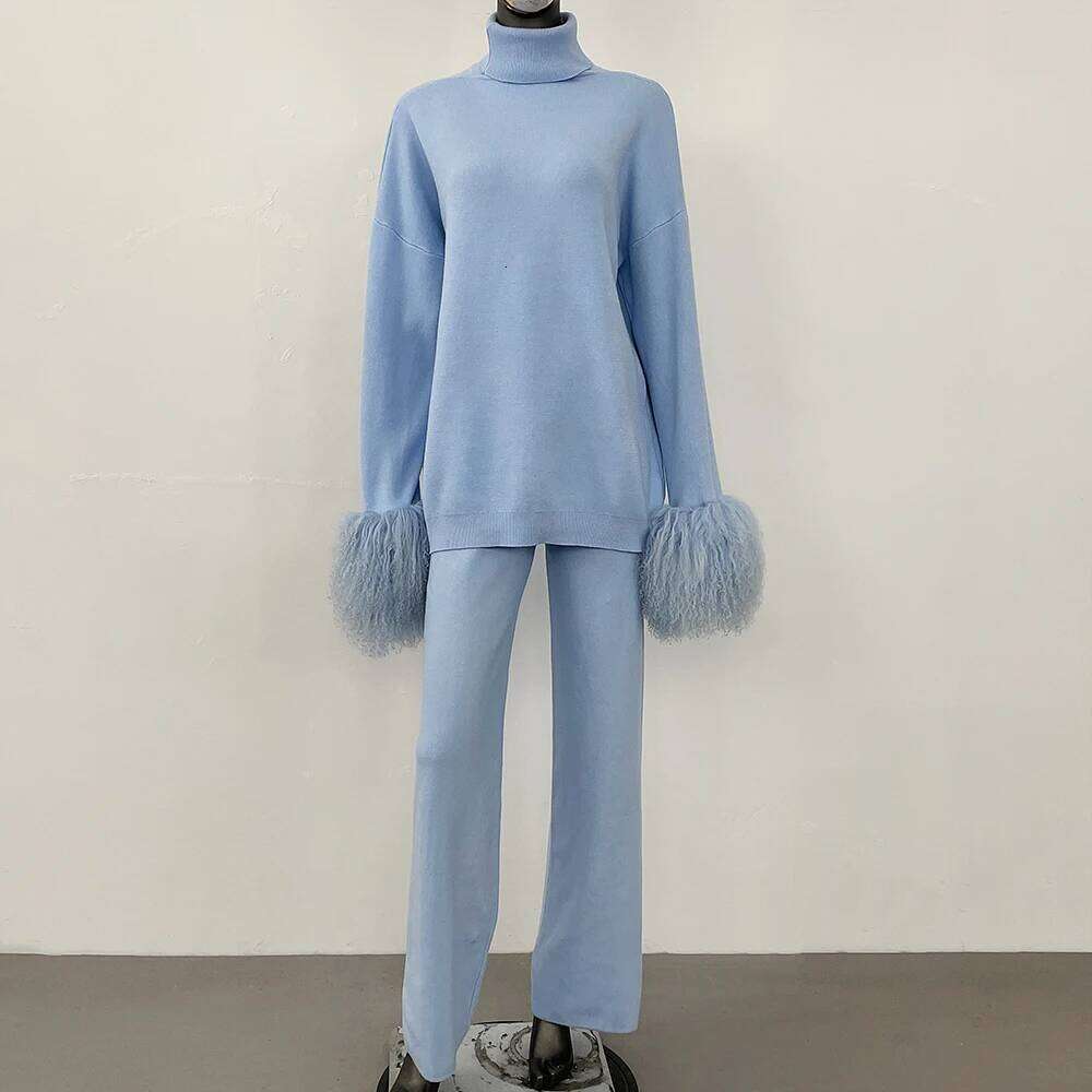 DEBAIFUR 2025 Spring Autumn Cardigan Real Mongolia Sheep Fur Sweater Women Knitted Long Pant Sets High Collar Knitwear Female