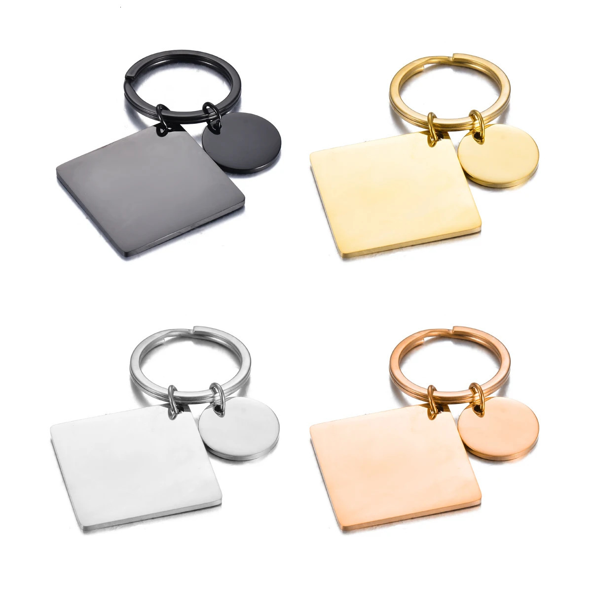 5Pcs Waterproof No fading Stainless Steel Keychain Metal Round Square Tag DIY Collar Accessories Gift Key ring Wholesale 250616