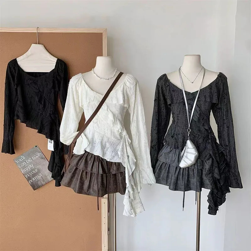 Irregular Patchwork Women T Shirts Y2K Fashion Gothic Ruffled Sleeve Female Tops Streetwear Sexy Hollow Out Hole Casual Tees 250614