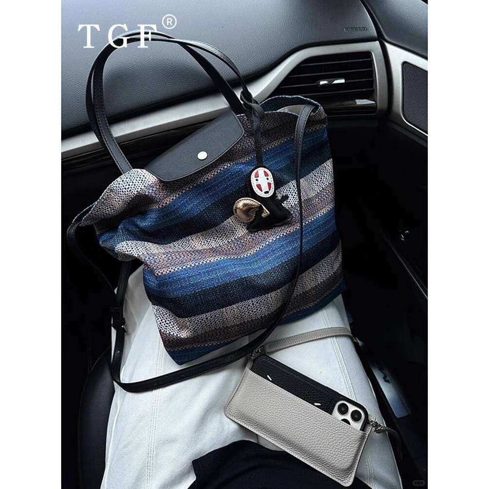 Handheld Canvas for Women New Summer Light Luxury Niche Design Striped Large Capacity Crossbody Tote Bag