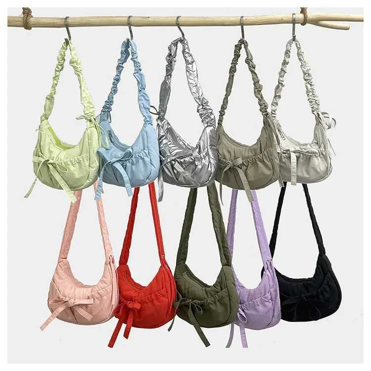 Pleated Strap Womens Sweet Bow Shoulder Bag Solid Color Female Underarm Bags Soft Nylon Ladies Portable Tote Purse Handbags Z250617