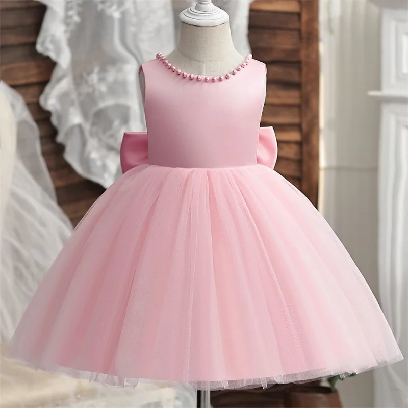 Baby Girl Dress Big Bow Pearls Backless 1st Birthday Party Dress Infant Girl Princess Wedding Tulle Gown Baptism Dress for 1-5Y 250617