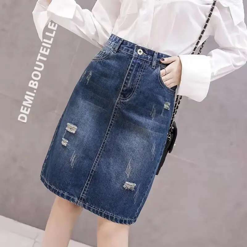 Midi Womens Denim Skirt Female Jeans Skirts with Pocket To Knees Length Chubby Ripped Zipper High Waist Blue Stylish 2025 Trend
