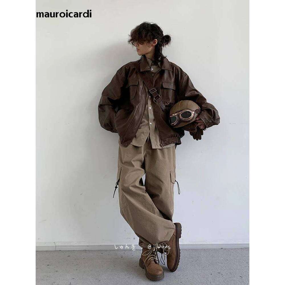 Mauroicardi Autumn Winter Vintage Oversized Cool Brown Black Soft Pu Leather Jacket Men Pockets Loose Casual Unisex Clothes 2023
