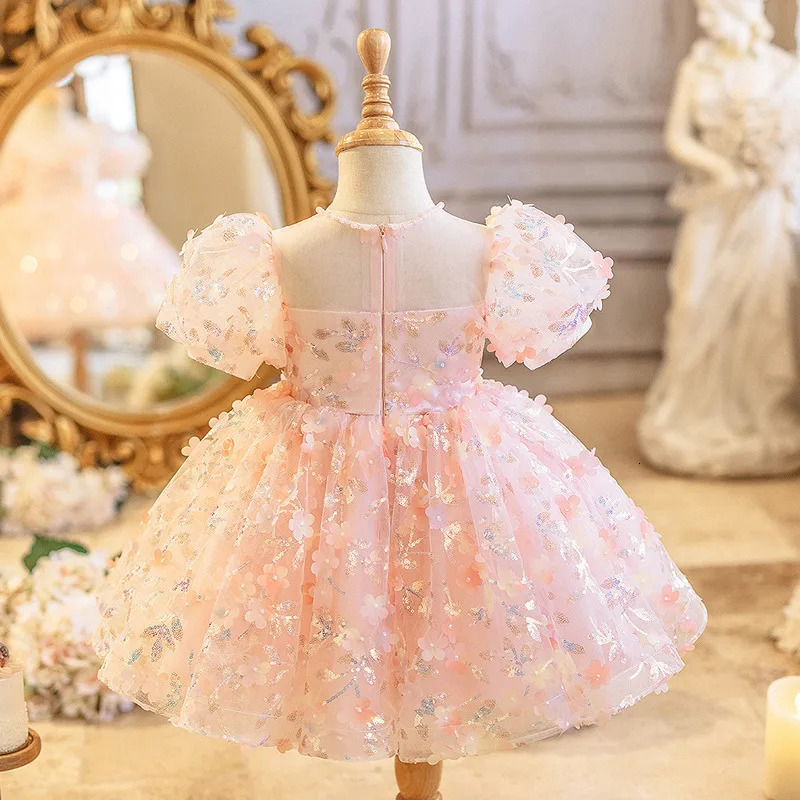 Pink Baby Kids Princess Tulle Bow Sequin Flower Girl Dress Children First Communion Dress Ball Gown Wedding Party Dress Birthday 250617