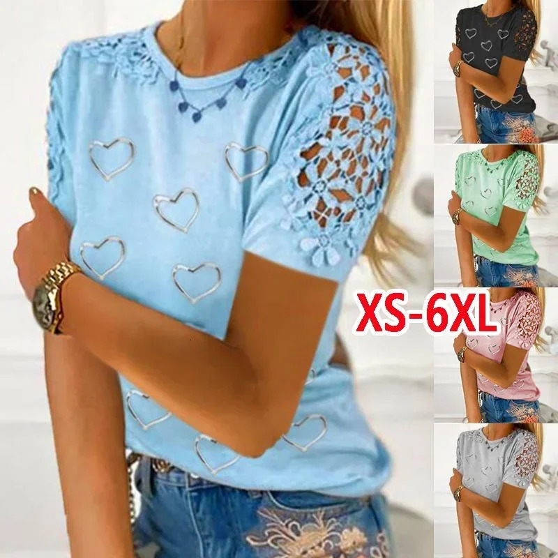 Womens Fashion Loose Casual T-Shirts Short Sleeve Heart Print Round Neck Spring and Autumn Lace Hollow Out Tops 250614