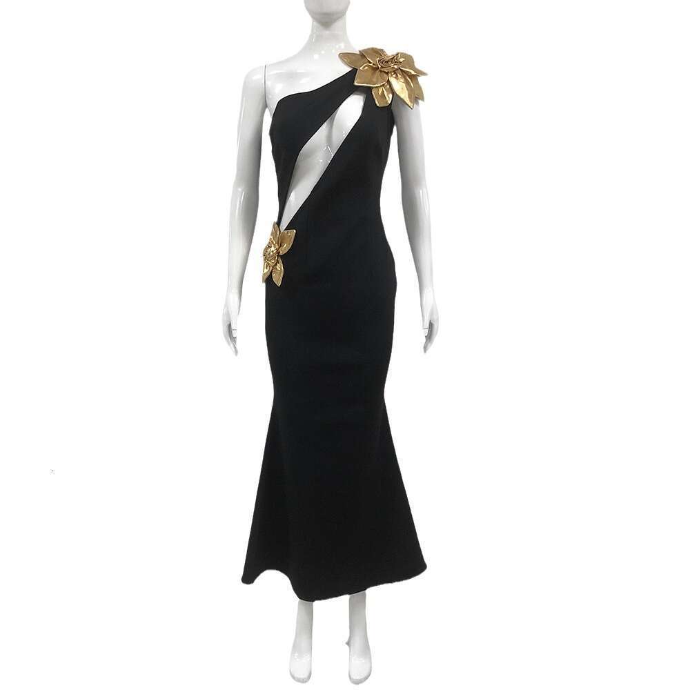 Autumn Fashion Women's Slim Fit Bandage Gold Flower Long Dress New Gown