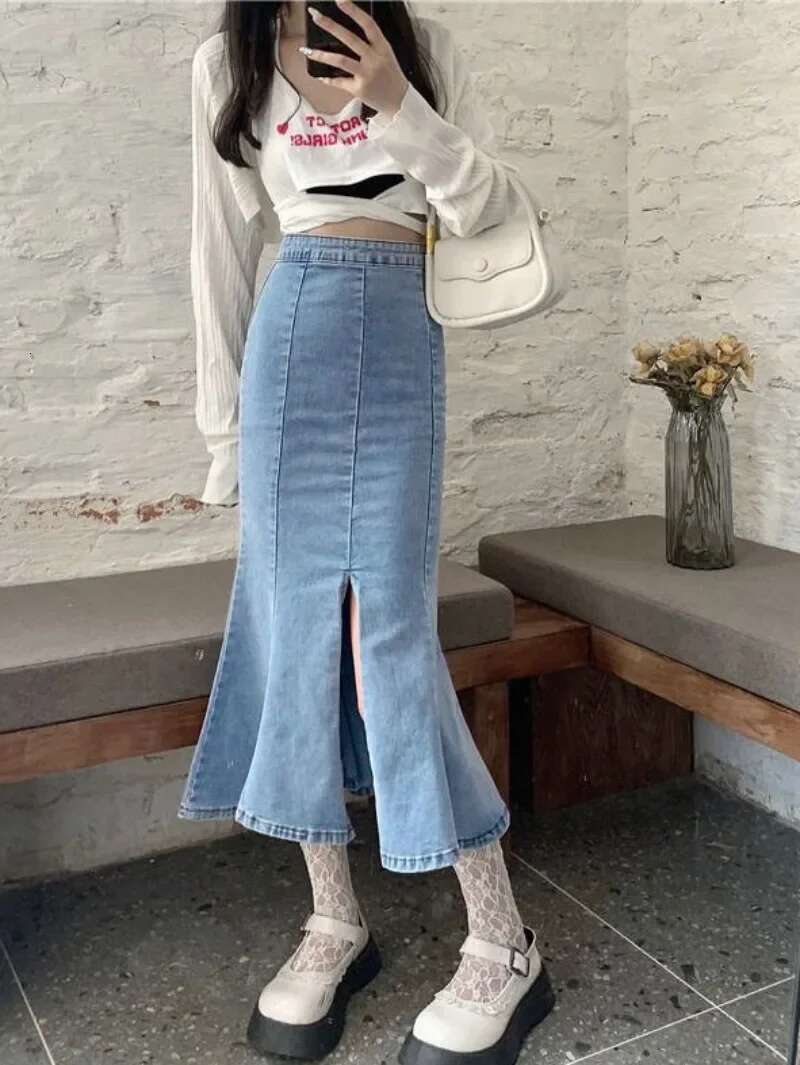 Woman Denim Skirt Sexy Jeans Skirts for Women Gyaru Blue Coquette with Slit Clothing Sales Vintage Korean Style Luxury Elegant V
