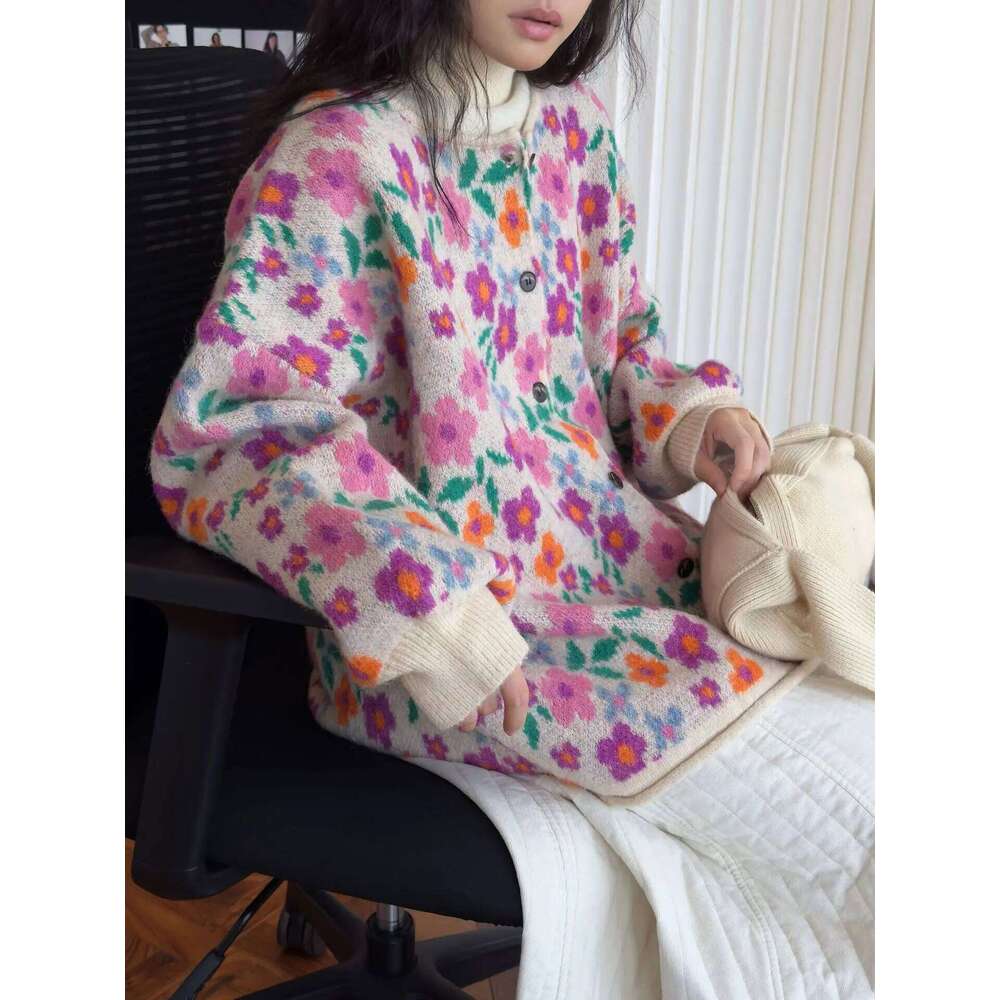 Autumn and winter women's casual floral round neck long sleeved loose cardigan sweater