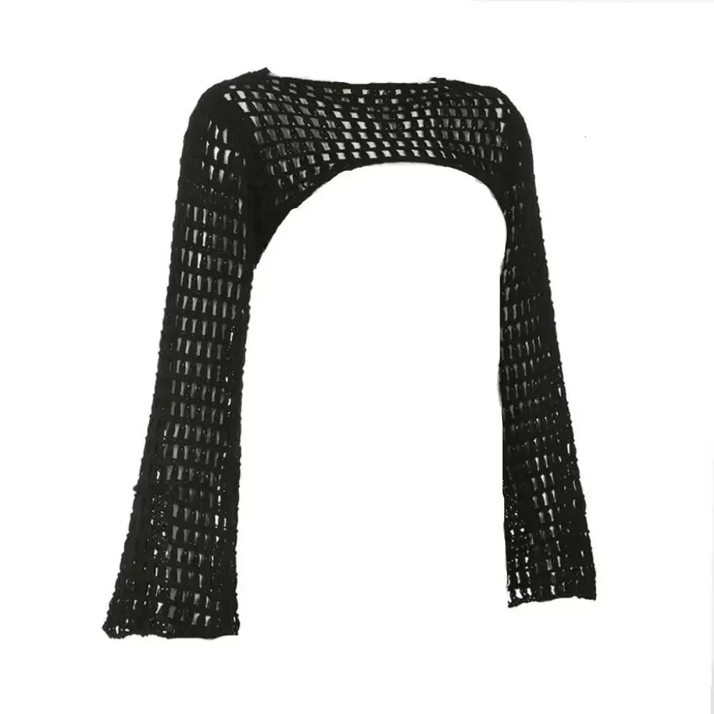 Women Y2k Crochet Knit Hollow Out Crop Top Long Flared Sleeve Shrug Sweater Mesh Cover Ups Cardigan Streetwear Pullover Women 250614