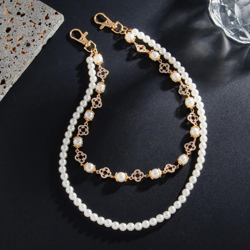Keychains Ingemark Fashion Imitation Pearl Rhinestone Flower Jeans Pants Chain For Men Vintage Gold Color Wallet Key Hip Hop Jewelry