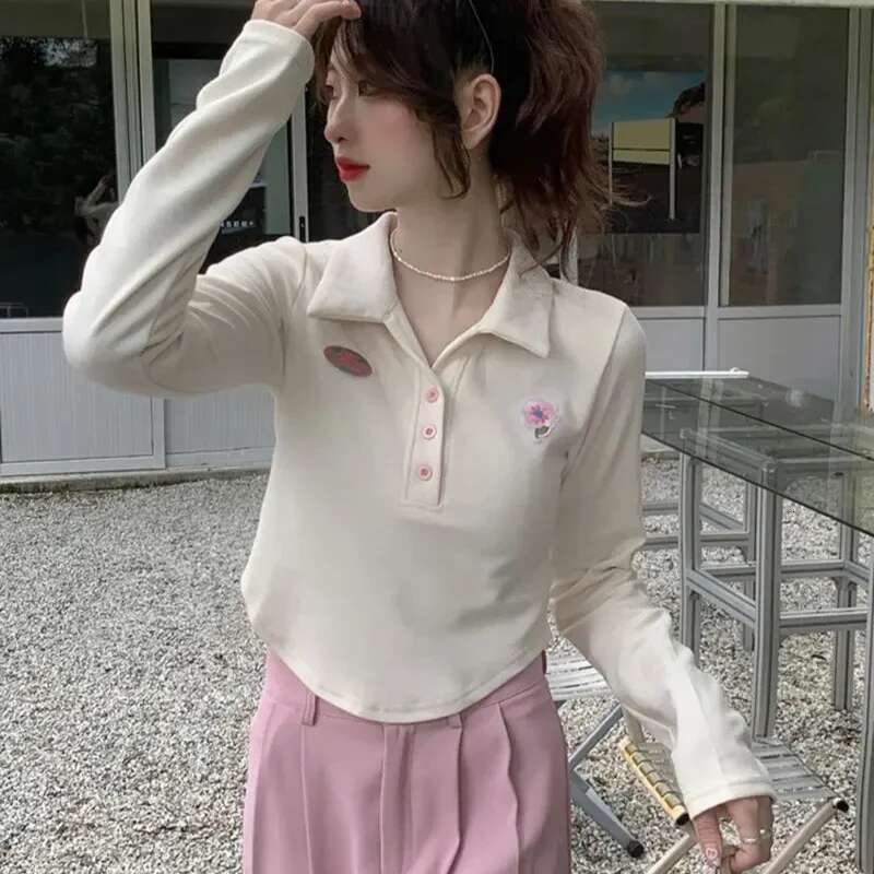 Slim Woman Tshirt Button Polo Neck T Shirt for Women Korean Clothing Popular Clothes Fashion 2025 Basic Casual Tops Aesthetic