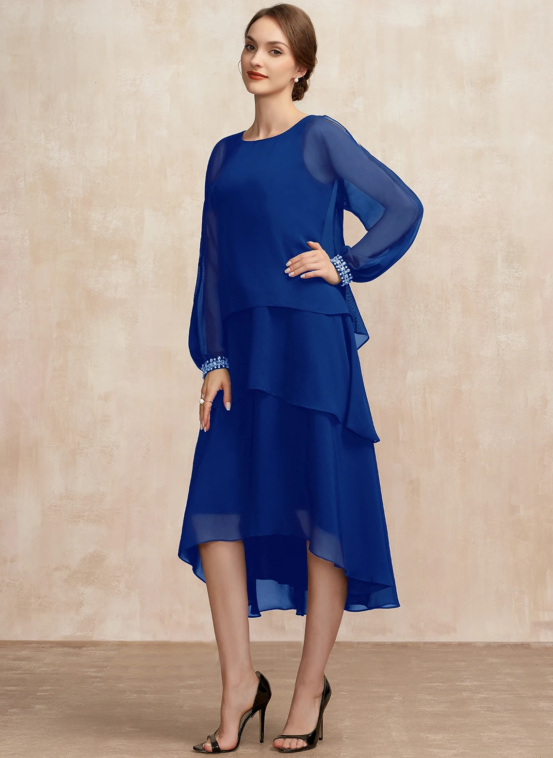 Women Plus Size Chiffon Dress Short Sleeve Elegant O-Neck Solid Party Irregular Layered Petal Sleeve Summer Fashion Maxi Dress 250616