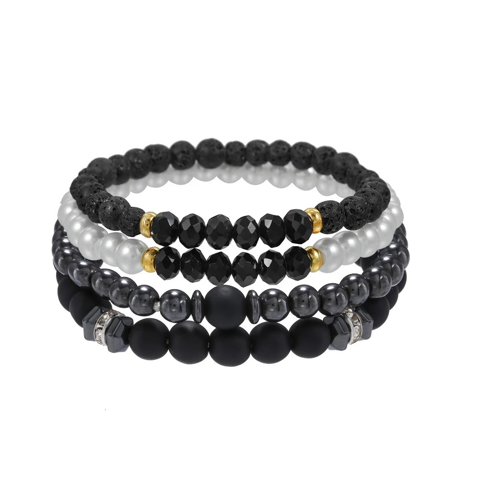 4PcsSet Black Gall Stone Volcanic Stone Wood Beads Multi-layer Mens Combination Elastic Bracelet For Couple Friends Jewelry 250616