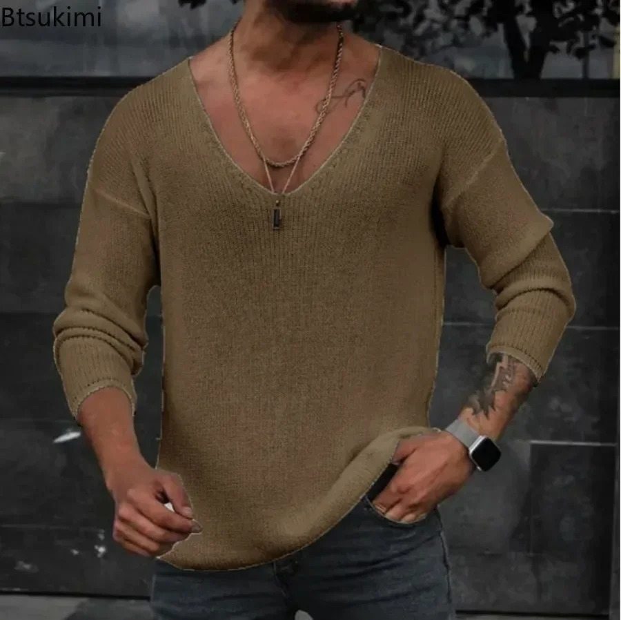 2025 Mens Casual Long Sleeve Knitted Sweaters Tops Solid Fashion Pullover Tops For Men Harajuku V-neck Streetwear Jumper 250616