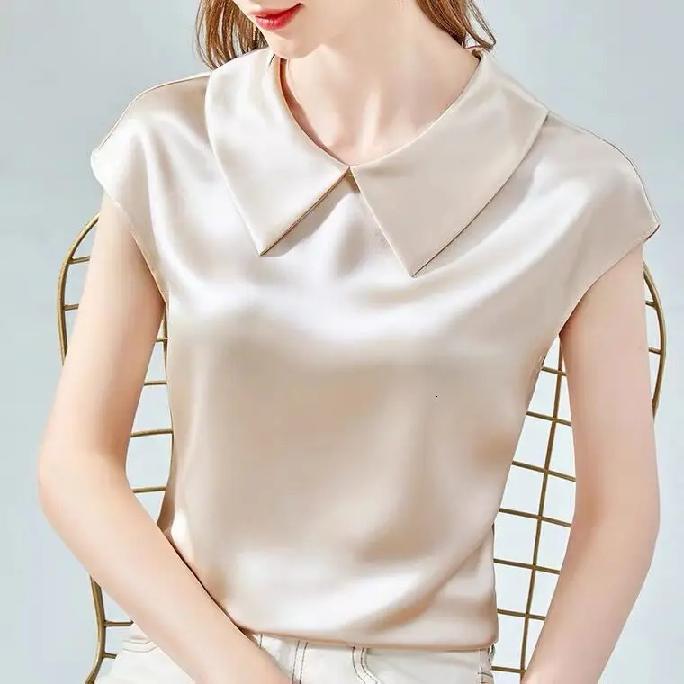 camisas de mujer elegant Ice silk Shirt plus size artificial silk tops Acetate satin Blouse Doll Collar White Girlish blouse 250614