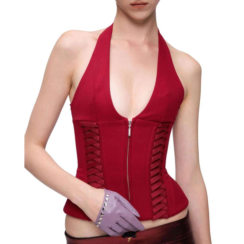 New Style Tie Waist Zipper Vest Sexy Halter Neck Deep V Tight Short Top