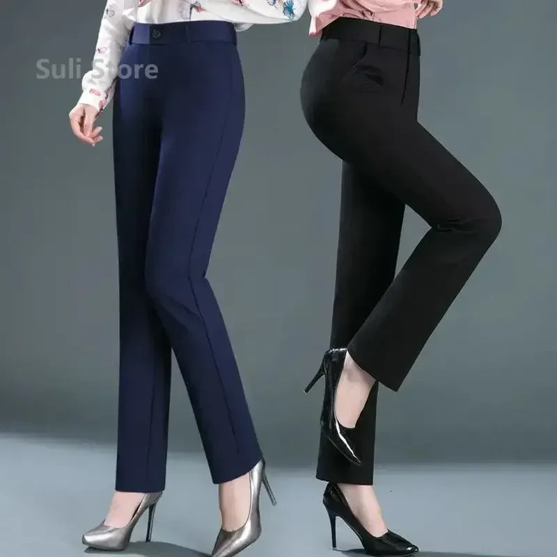 Spring Autumn Casual Button Elastic Mid Waist Black Navy Blue Straight Trousers Office Lady Quick Drying Suit Pants Female 250616