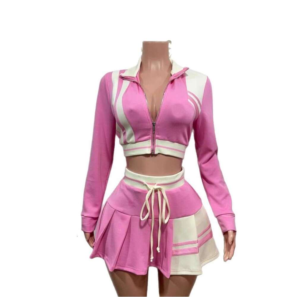 Spring Women's Street Style Color Block Jacket Top And Fashion Short Skirt Two-Piece Set For Women B5