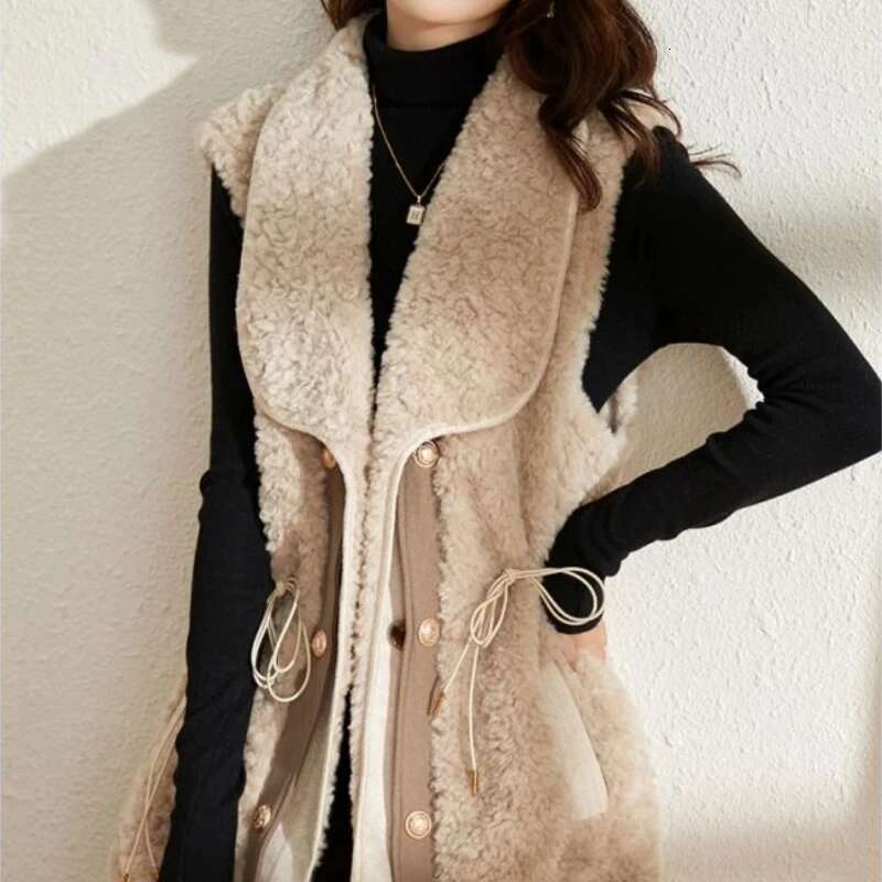 Drawstring Womens Lamb Plush Vests Loose New Outerwear Demi-season Elegant Autumn Lady Giletes Classic Sleeveless Warm Pretty
