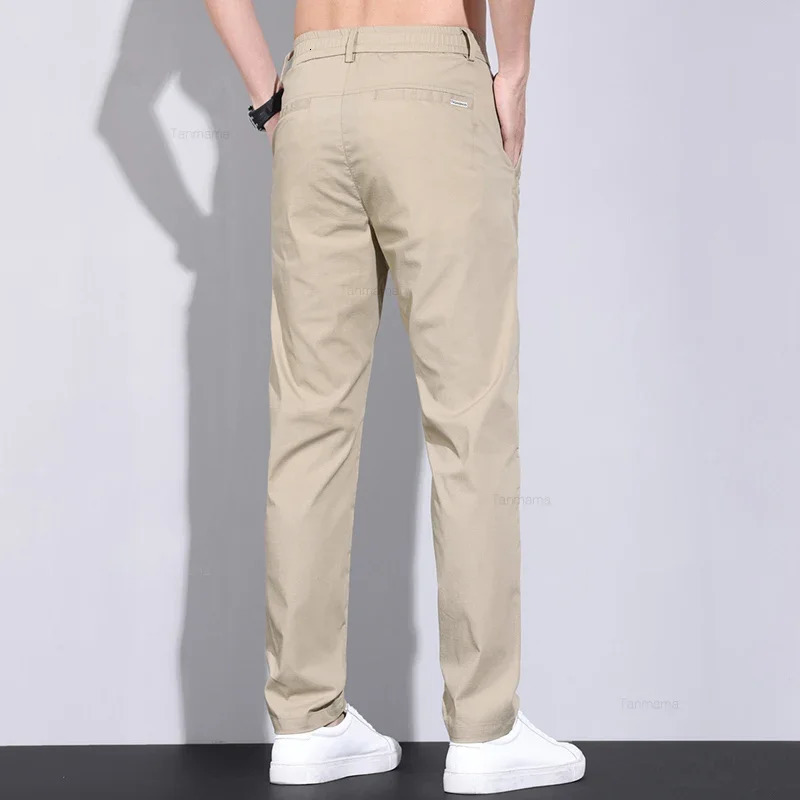 Ultra-thin Elastic Mens Casual Pants Summer Ice Silk Cotton Fashion Slim Straight Business Trousers Black Gray Khaki 250614