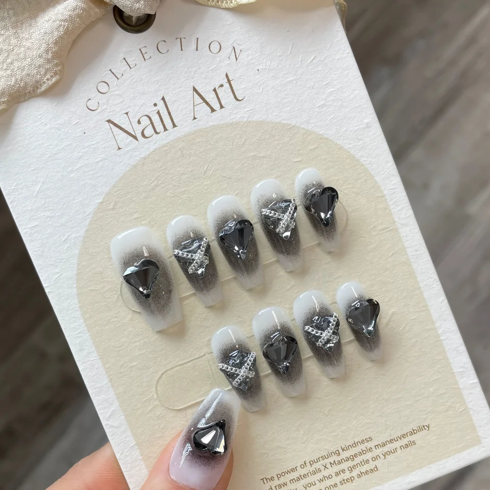 10pcs Handmade Press On Nails Black Gradient Fake Nails With Shining Heart Rhinestone Glossy Medium Ballet Shape Sweet F 250612