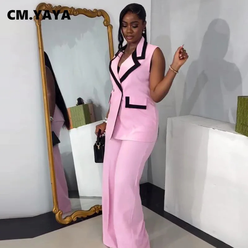 CMYAYA Fashion Womens Set Striped Patchwork Sleeveless Tank Blazer Top and Wide Leg Pants Suit Two 2 Piece Sets Outfits 250612
