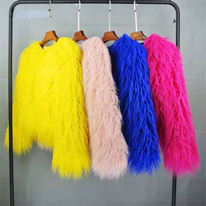 2025 Autumn Winter Women's Faux Fur Outdoor Fluffy Yellow Loose Plush Coat Female Warm Clothing Jacket Lady Street Outwear