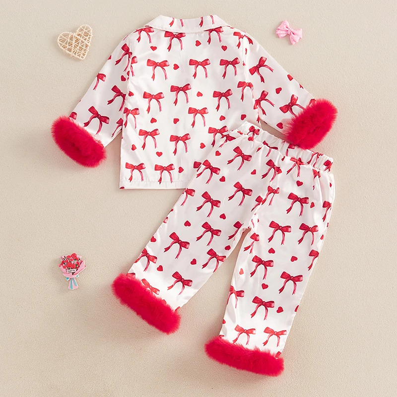 Baby Girl Silk Pajamas Set Floral Girl Button Down Feather Trim Sleeve Shirts and Pants Valentines Day Satin Pj Sets 250617