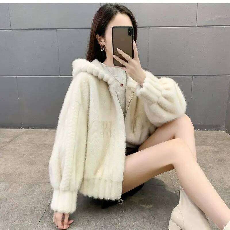 Short Mink-like Hair Fur Hooded Top Little Fellow Fashionable Fleece Coat Female Spring and Autumn Warm Winter New