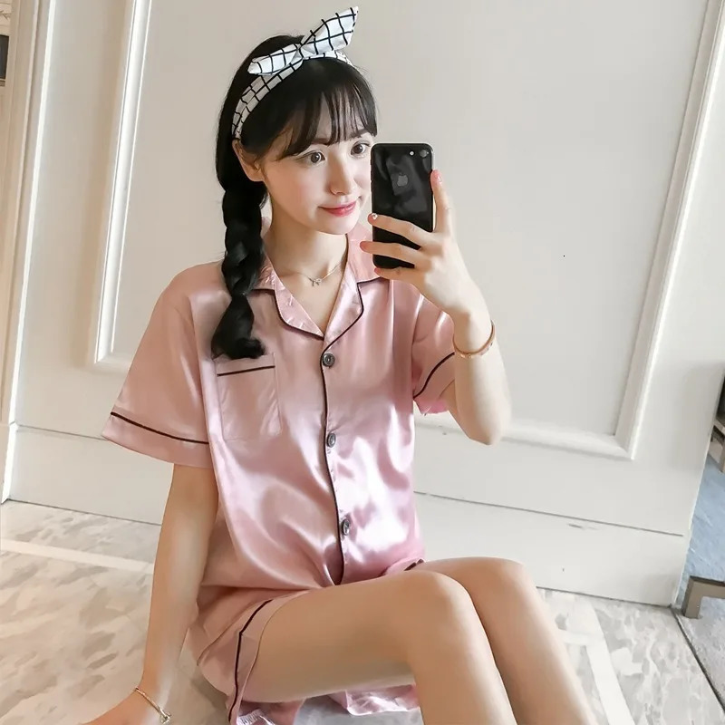Womens Pajamas Set Satin Sleepwear Button Down Tops and Shorts Pajama 2 Piece Suit Pyjama Femme Nightwear Loungewear for Summer 250616