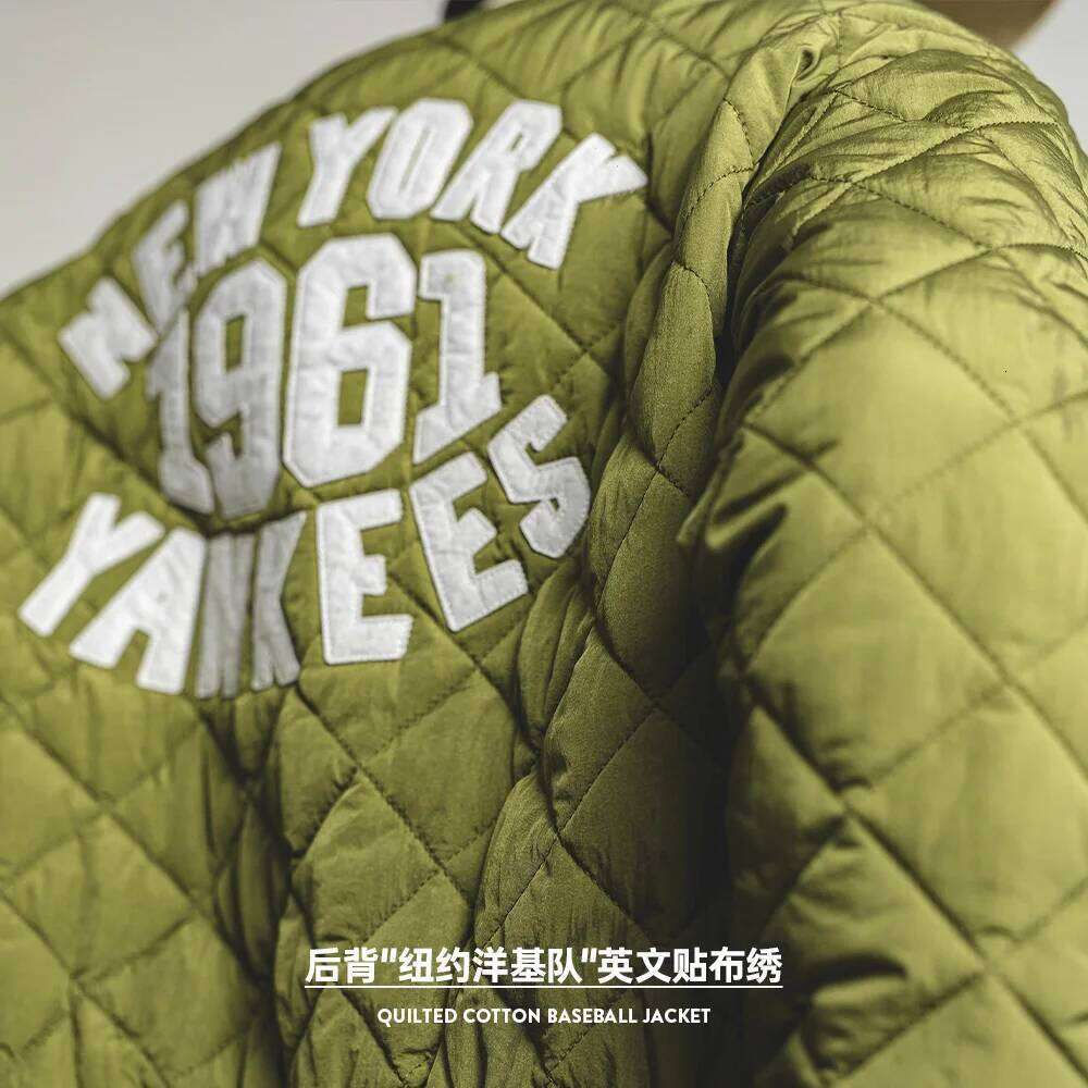 Maden New Retro Spliced Green Cotton-padded Dia-quilted Baseball Jacket Warm Women's Autumn and Winter Street Coat