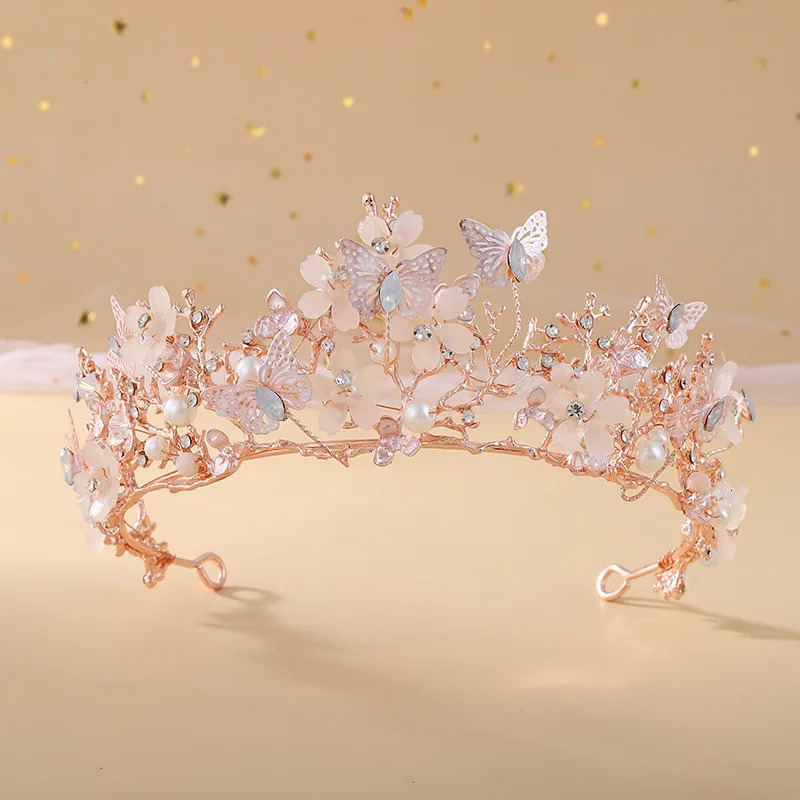 KMVEXO Bridal Crown Baroque Pearl Rhinestone Crown Tiara Butterfly Hairband Wedding Hair Accessories Princess Crown Bride Tiaras 250603
