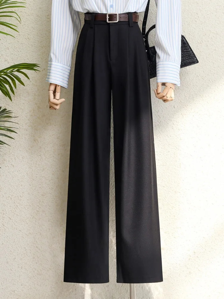Spring 2025 Burgundy Suits Pants for Women Office Lady Elegant High Waist Wide Leg Fashion Trousers with Pockets Black Gray 250616