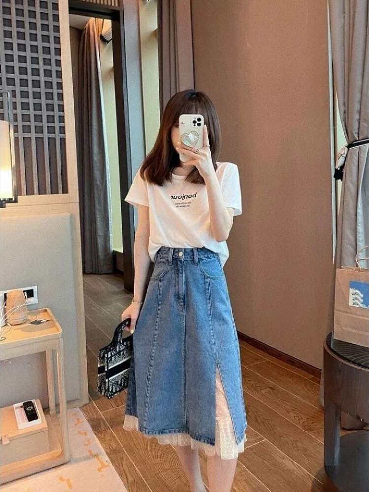 With Slit Lace Splicing Woman Denim Skirt Y2k Vintage Premium New In Streetwear Chic and Elegant Modest Jeans Skirts for Women