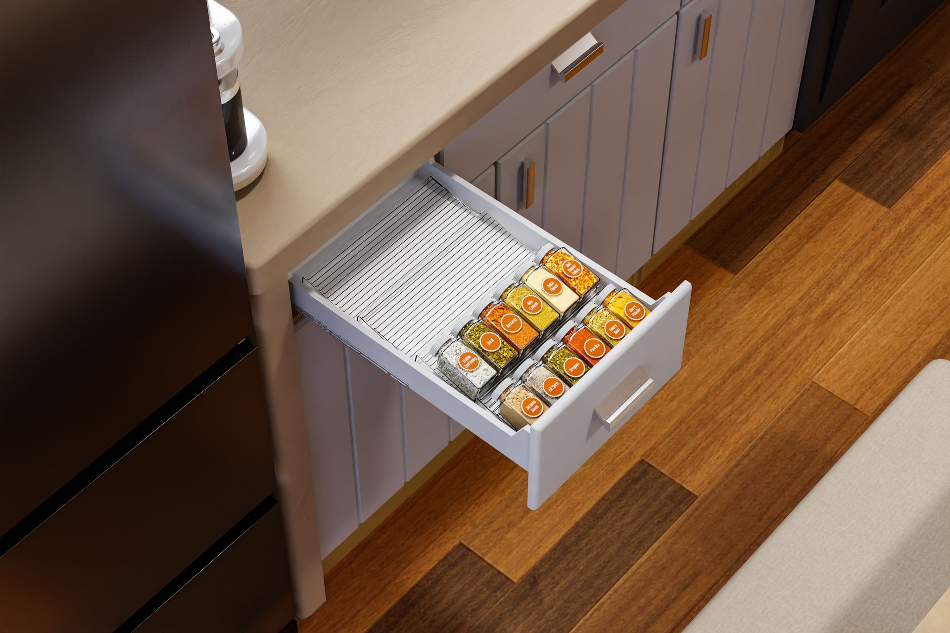 4-Tier Clear Acrylic Spice Drawer Organizer 4-Pack Expandable (11"-22") Rack for Seasoning Bottles Stackable Drawer Insert with Adjustable D