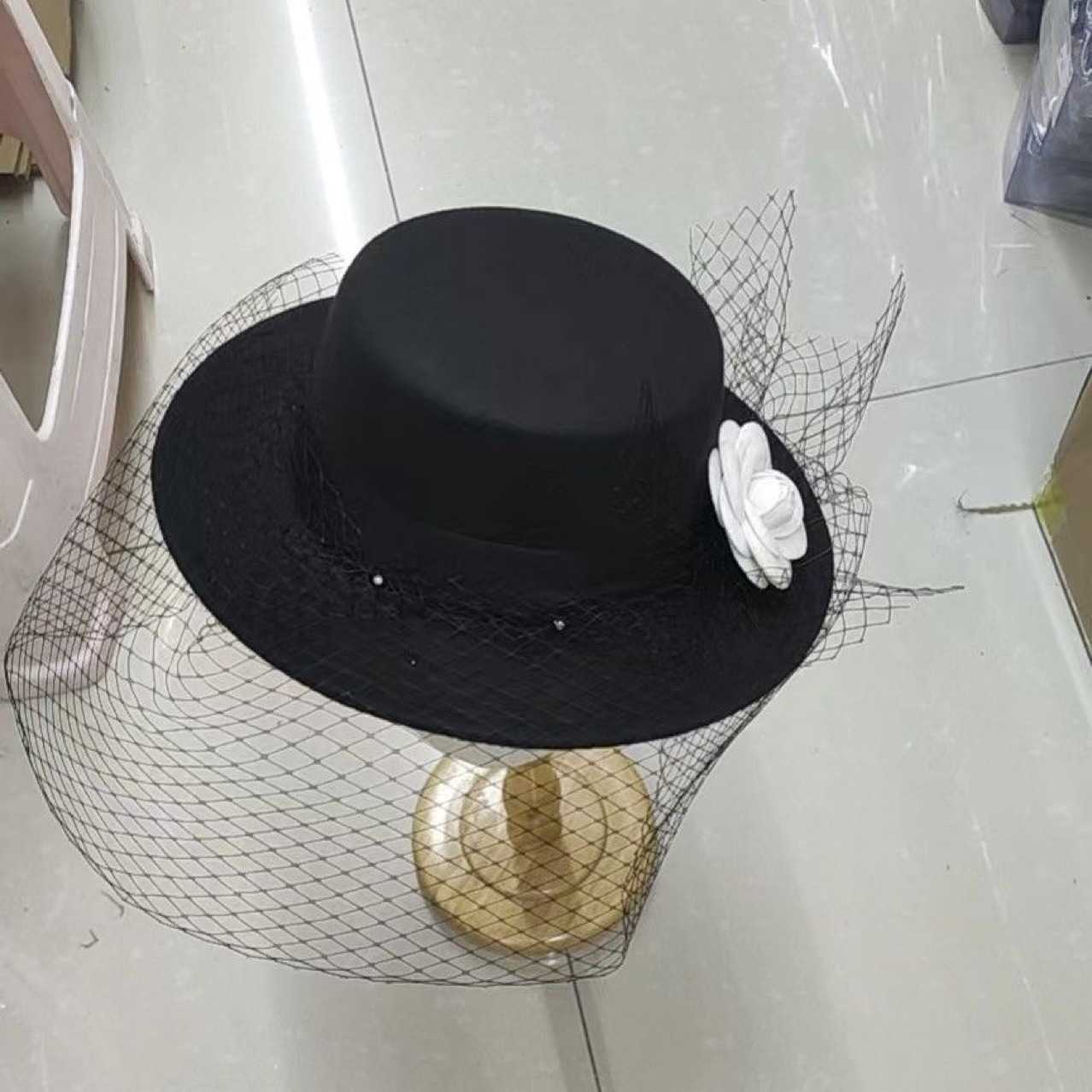 Socialite Camellia Hat Hepburn Style Black Mesh Face Cover Photo Prop Performance Flat Hat 250615