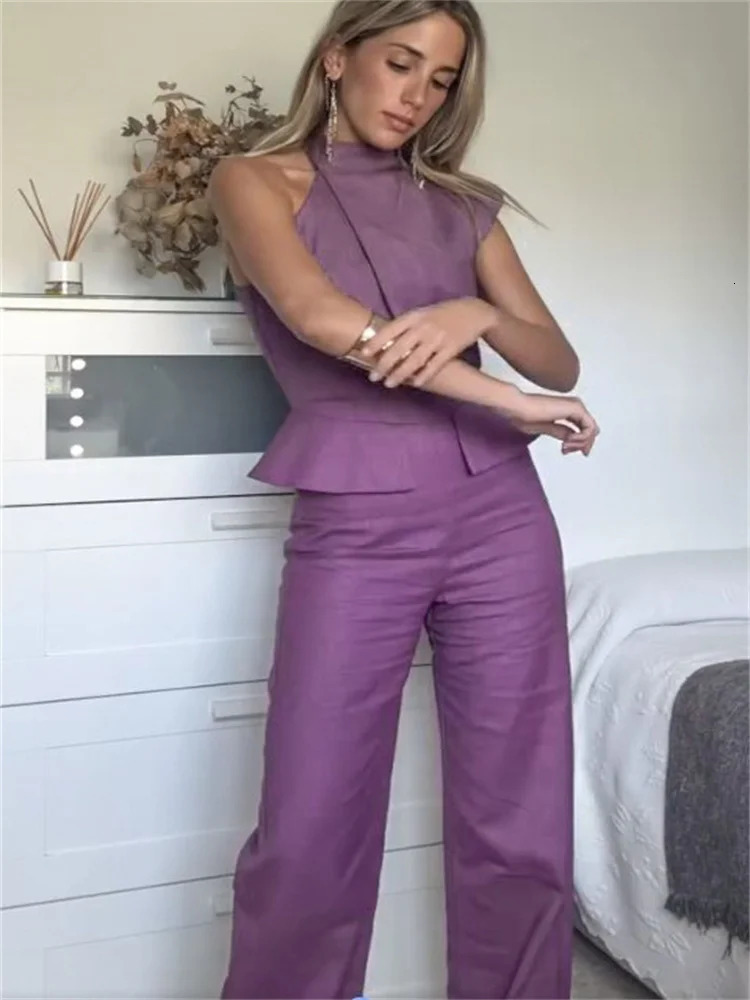 Womens Jumpsuit Solid Halter Waist Cinching Sleeveless Pockets Wide Leg Bodysuit Lady One Piece Summer Lady Streetwears 250616