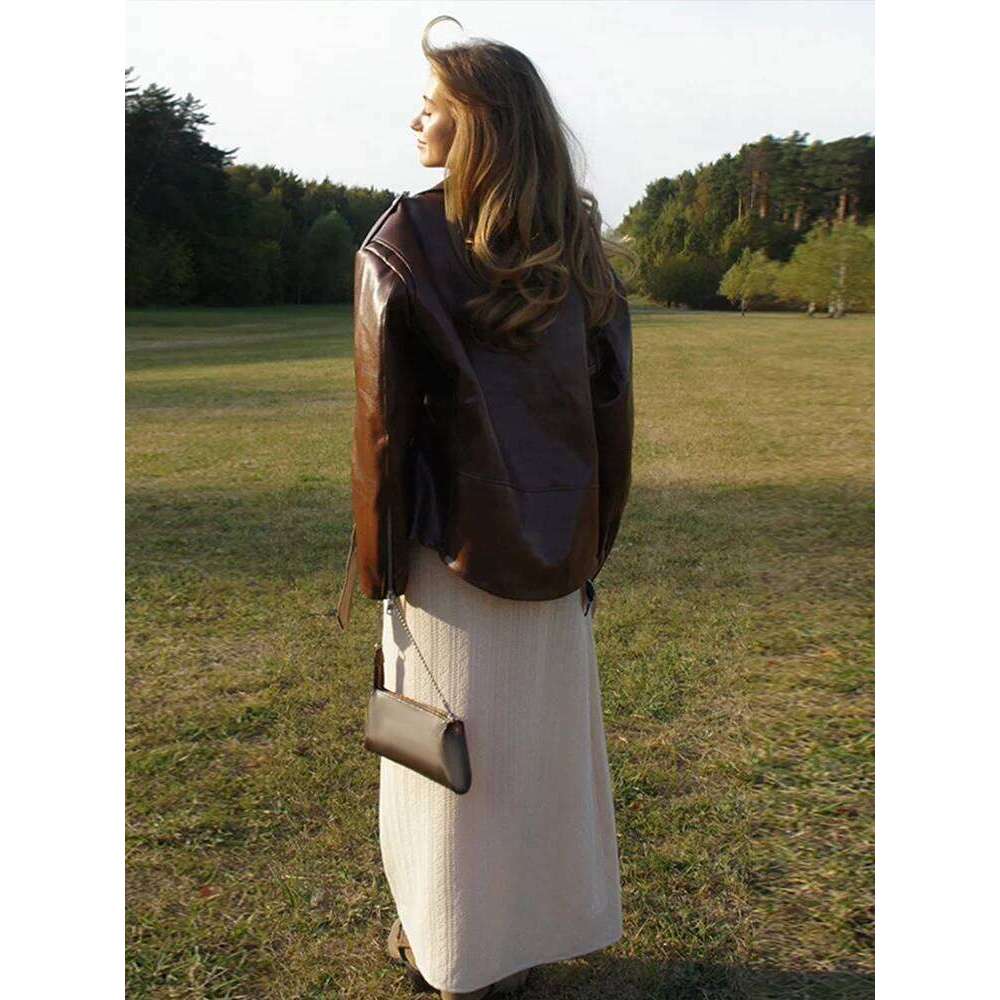 Vintage Leather Jacket Women Lapel Full Sleeves Zipper With Belt PU Jackets Female 2024 Autumn Retro Chic Casual Loose Lady Coat