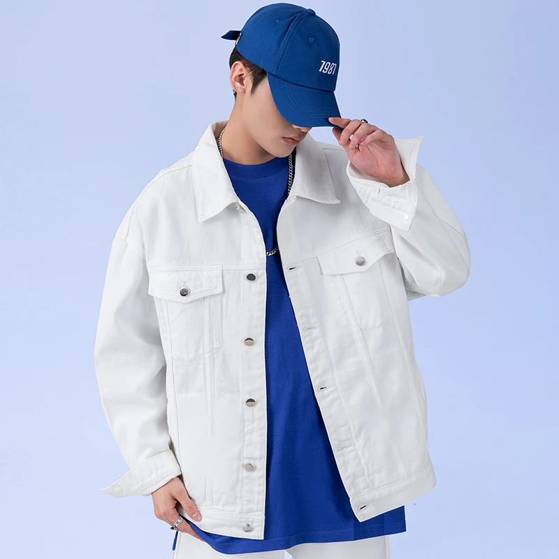 Autumn Mens Oversize White Denim Jacket Fashion Streetwear Cotton Casual Loose High Quality Jean Coats Blue Green Black 250616
