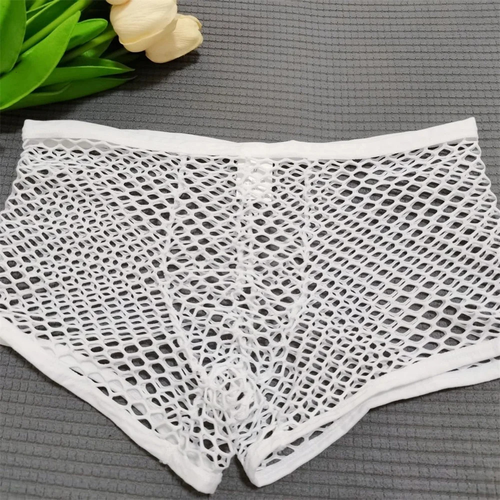 Big Fishnet Underwear Men Boxer Shorts Large Mesh Hole Sexy U Convex Fully Transparent Panties Plus Size Trunk M-XXL 250614