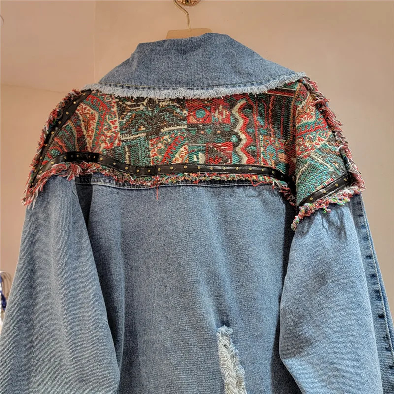 Women Spring Autumn Ethnic Geometry Floral Pattern Embroidered Suits Collar Denim Jacket Rivets Jeans Coat Cowboy Cardigan Tops 250613