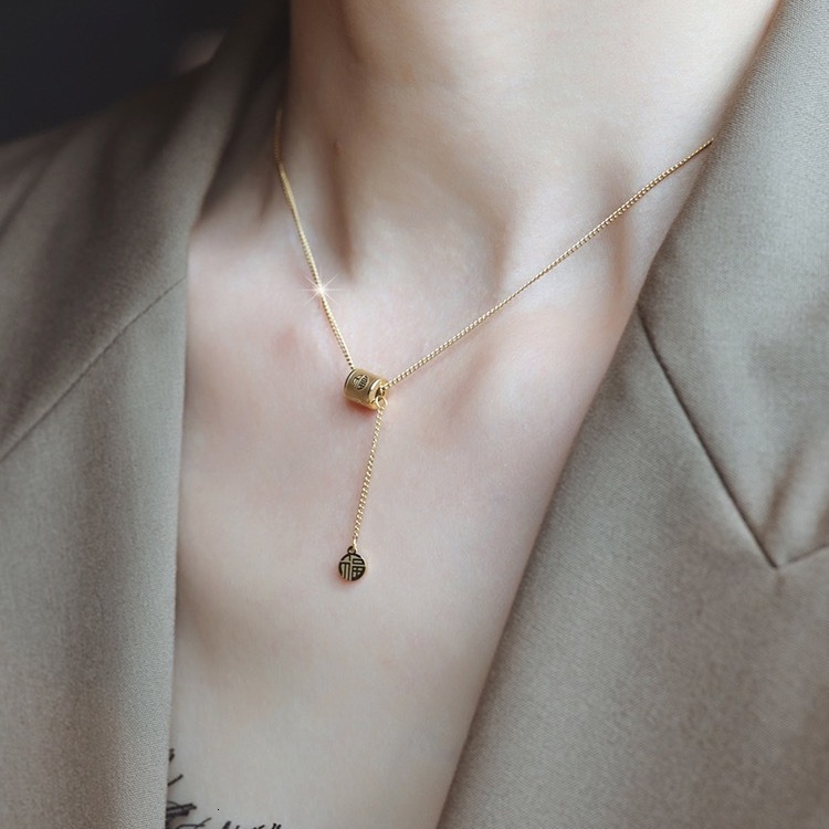 National Style Fashion Light Cylindrical Fu Character Necklace for Women Gold Color Titanium Steel Personality Non-Fading Jewelry