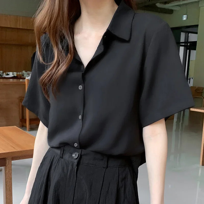 WomenS Korean Chiffon Fashion Cardigan Top Female Summer Loose Thin Trend Slim Versatile Short Sleeve Lapel Neck Shirt 250616