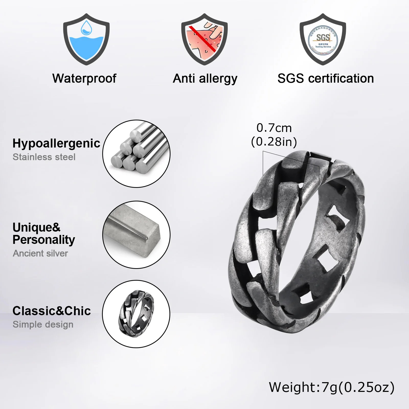 7MM Stainless Steel Ring for Men BoysHollow Hard Curb Link Chain Biker Ring Bands RingStylish Jewelry Gifts 250616
