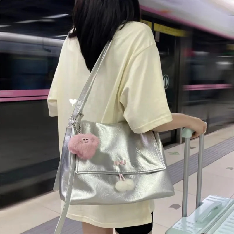 JIAERDI Large Capacity Silver Tote Bag Women High Street Pu Leather Casual Handbag Messenger Bag Ladies Retro Crossbody Bags Y2k 250614