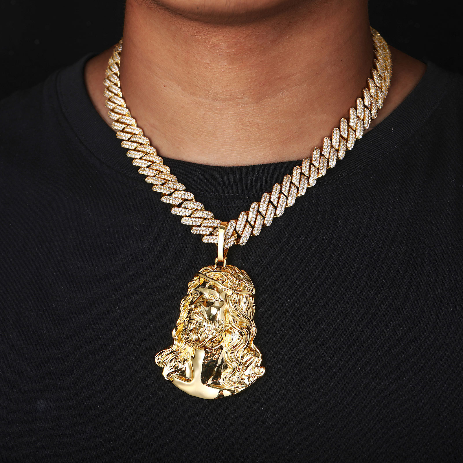 Hip Hop Jesus Face Pendant Necklace Real Gold Plated Religious Jewelry for Men