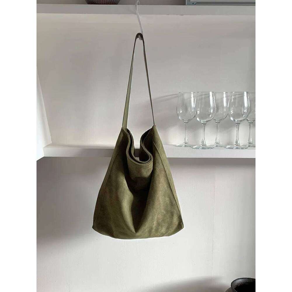 Vintage Faux Suede Women Bucket Shoulder Large Capacity Commuting Female Handbag Casual Big Totes Ladies Hand Bags Green
