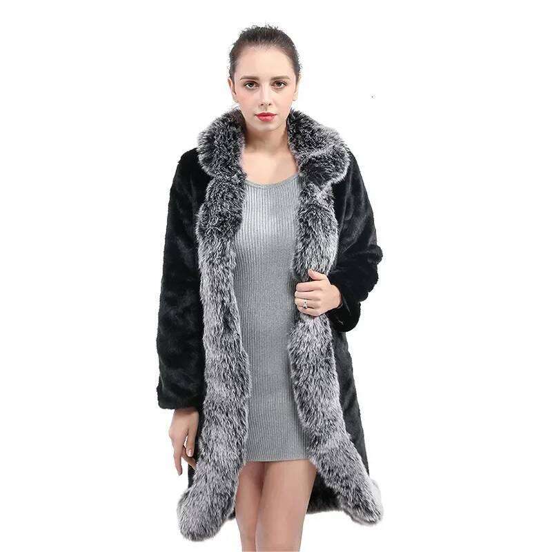 Winter Fall Women Fashion Grey Faux Fox Fur Collar Black Mink Coat , 3xl 4xl Thick Warm Elegant Coats Long Jacket for Woman
