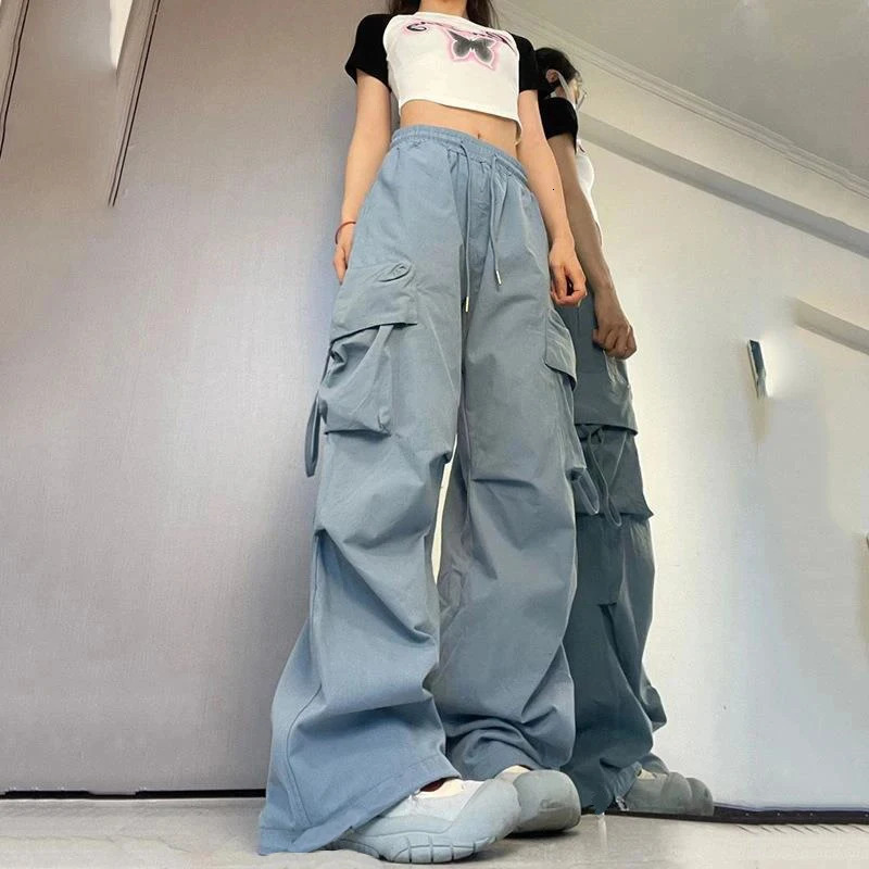 Women Y2K Cargo Pants Fashion Casual High Waist Big Pockets Hip Hop Trousers Female Streetwear Drawstring Baggy Sweatpants 250616